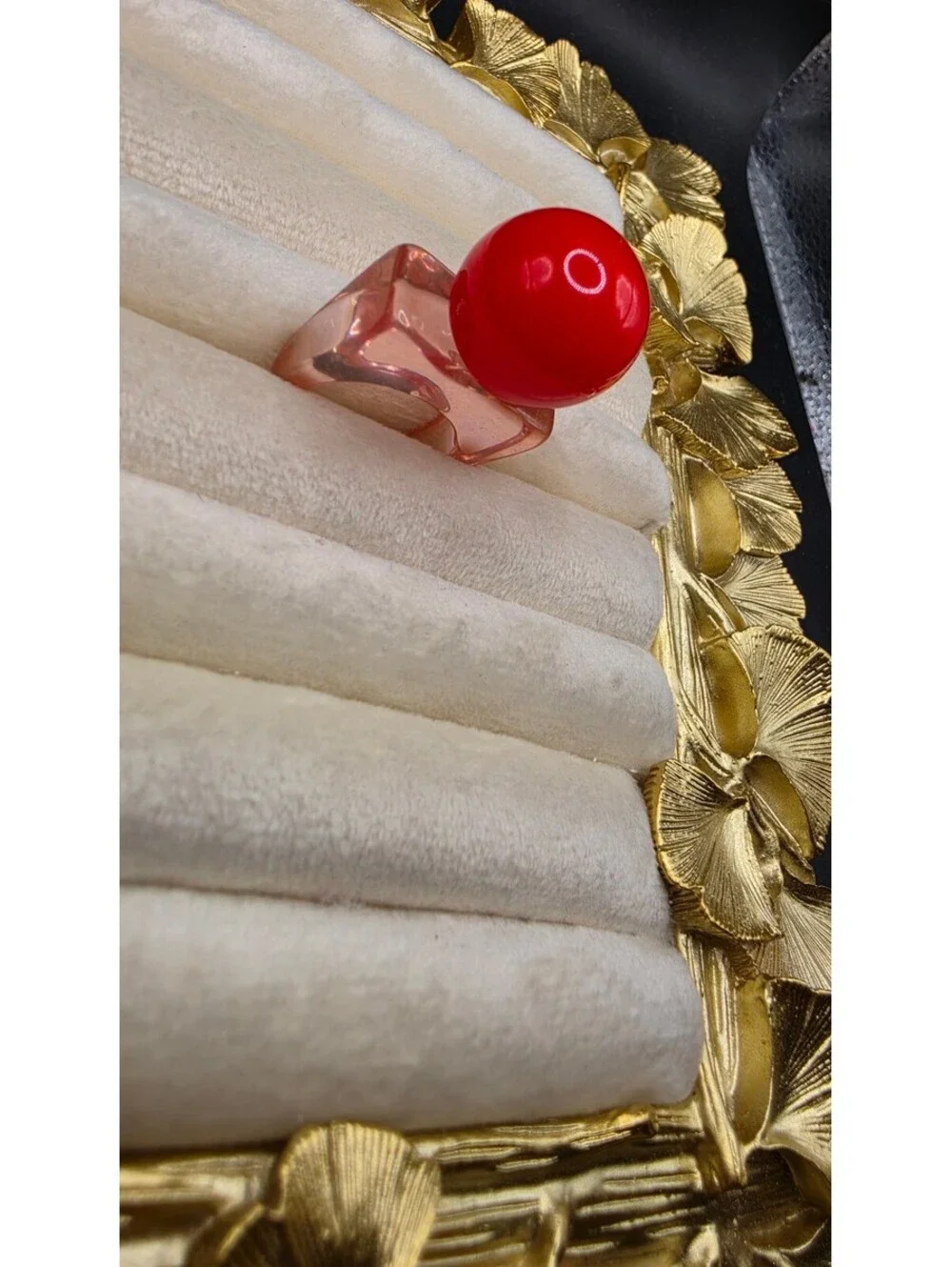Y2K Resin Ring with Red Bead and Pink Square Band Size Fits
